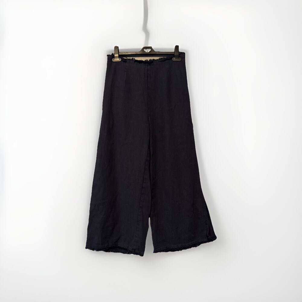 Lucca Navy S Wide Leg Cropped Frayed‎ Flat Front Pants Cotton Linen Blend